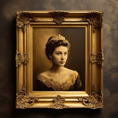 Elegant portrait of a royal  in a vintage golden frame with intricate details, set against a...