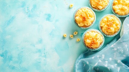 Mini macaroni and cheese cups baked in muffin tins, isolated on a soft pastel blue background with a decorative napkin