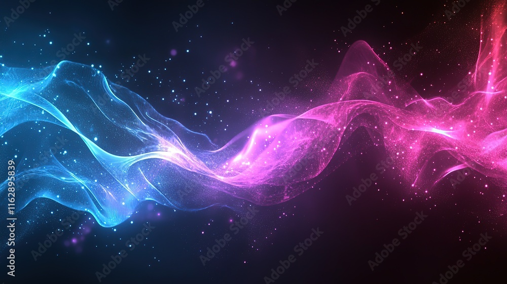 Poster abstract waves, digital background with blue and pink neon colors, smooth flowing shapes, glowing po