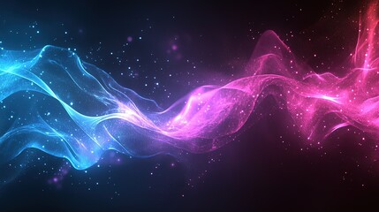 Fototapeta premium abstract waves, digital background with blue and pink neon colors, smooth flowing shapes, glowing points creating depth, suitable for futuristic themes and technology concepts , 4k Background