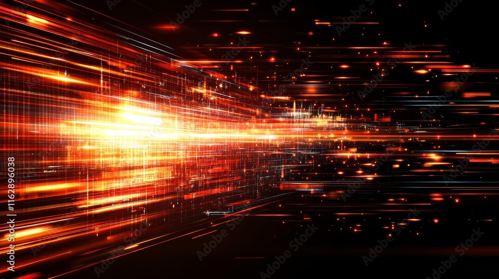 Poster a dynamic abstract representation of speed and motion with glowing lines and bursts of light.