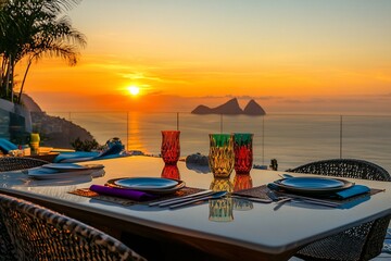 Fototapeta premium Sunrise ocean view from a luxury outdoor dining setting.