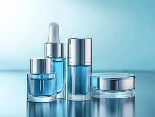 Obraz premium A collection of blue cosmetic bottle and jars on a reflective surface.