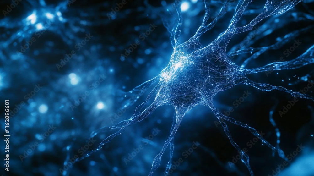 Poster microscopic view of a neuron cell with glowing synapses.