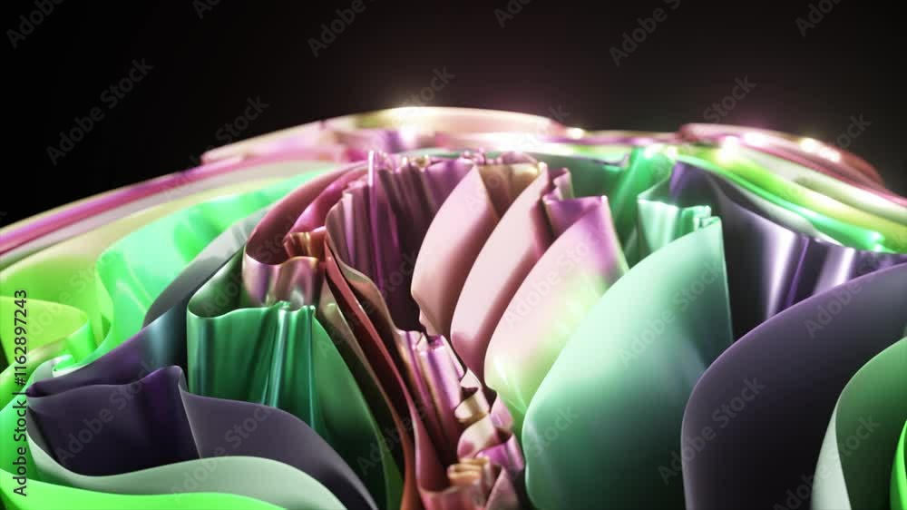 Poster shiny metallic ribbons in vibrant rainbow colors form an abstract, wavy pattern, creating a visually