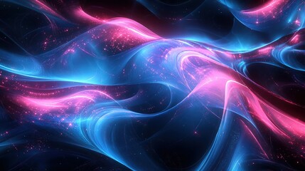 Obraz premium abstract waves, digital background with blue and pink neon colors, smooth flowing shapes, glowing points creating depth, suitable for futuristic themes and technology concepts , 4k Background