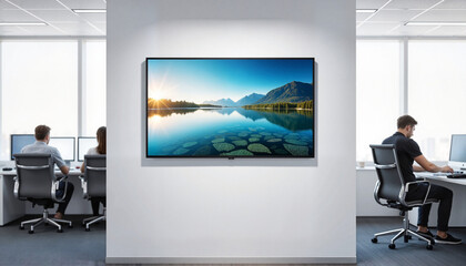 3D television displaying a serene landscape in a modern office environment
