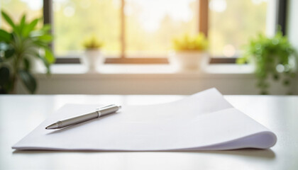 Blank A4 paper mockup with a pen on a bright office desk background