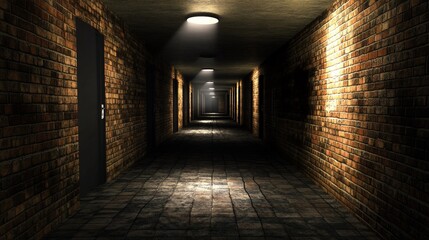 Dark brick hallway with doors and lights.