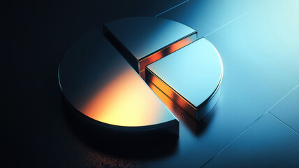 3D pie chart on rotating platform, dynamic color/angle changes, floating above soft light reflection. Interactive data visualization, proportions, percentages, movement.