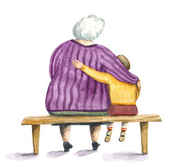 Grandmother and grandson are sitting hugging on a bench in the garden. The concept of caring and connecting generations. Watercolor illustration on transparent background.