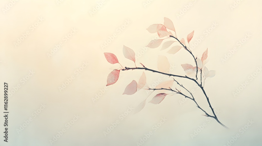 Poster delicate branch with translucent leaves in soft light