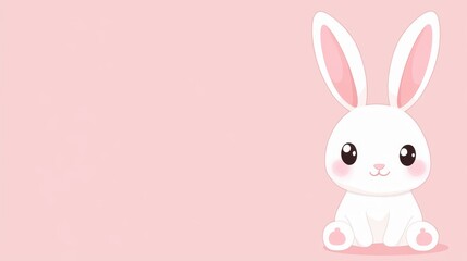Obraz premium A cute, cartoon-style white rabbit sitting against a soft pink background.