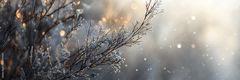 Poster frost-covered branches with bokeh background.