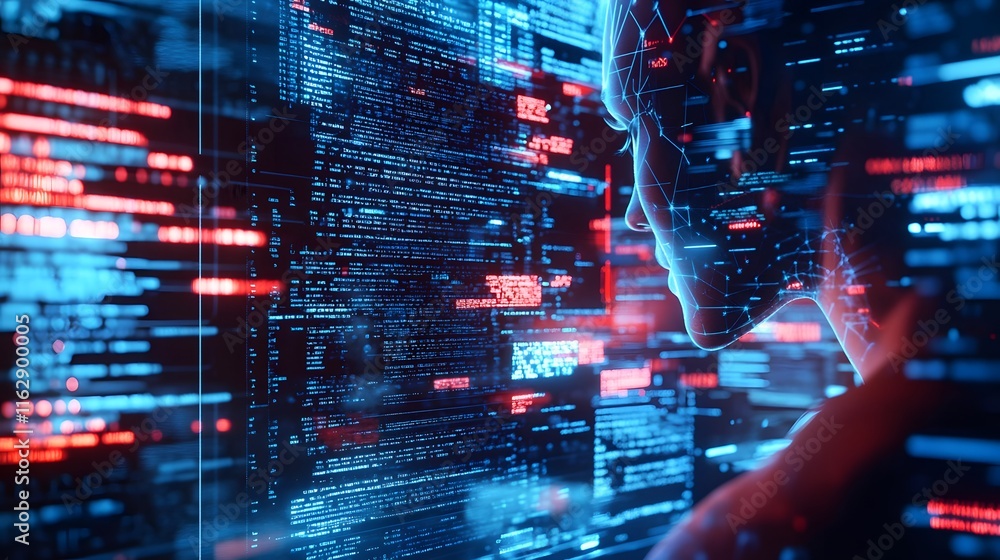 Poster digital face observing lines of code in cyberspace