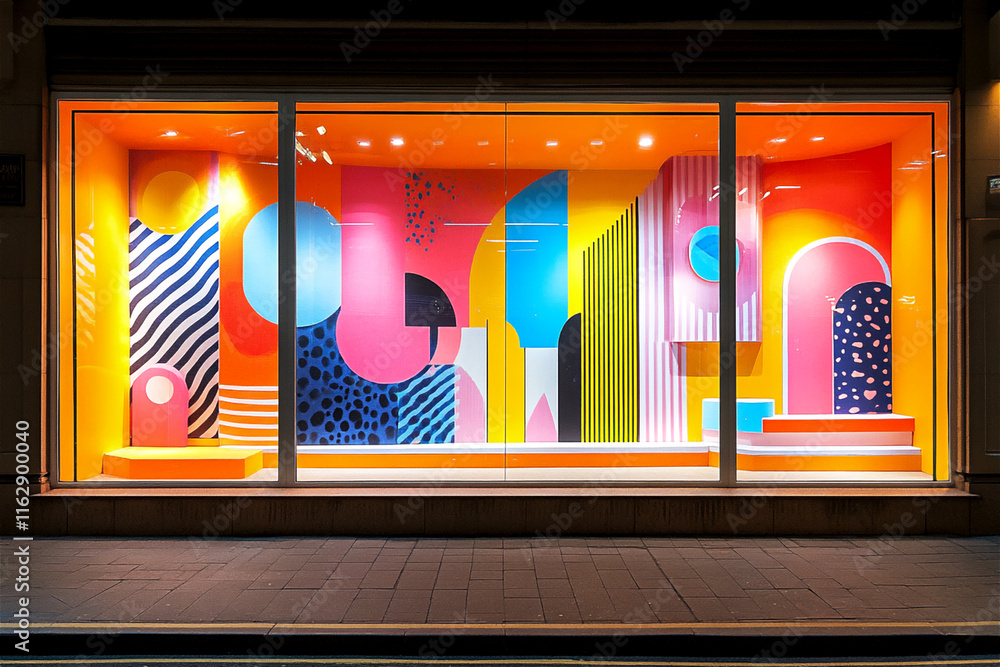 Poster vibrant store display with colorful geometric shapes, bold patterns, and modern design elements illu