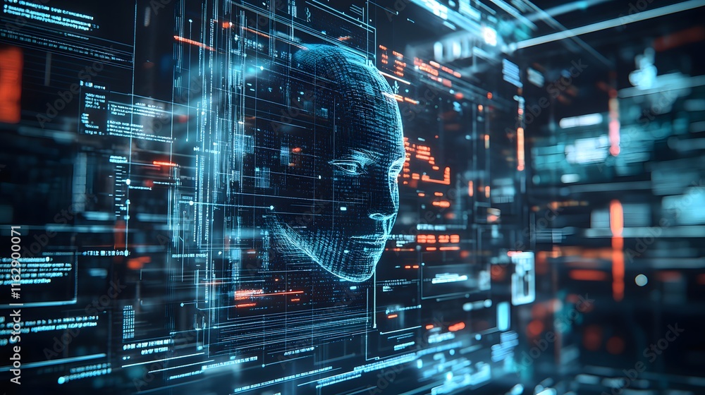 Poster digital face emerging from data streams and code