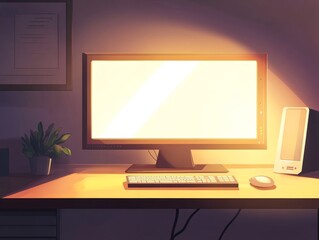 A serene workspace featuring a glowing monitor, keyboard, mouse, and a small plant.