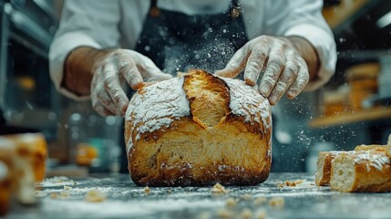 A close-up of a pastry chef shaping a loaf of artisanal bread with hands in a clean kitchen environment.