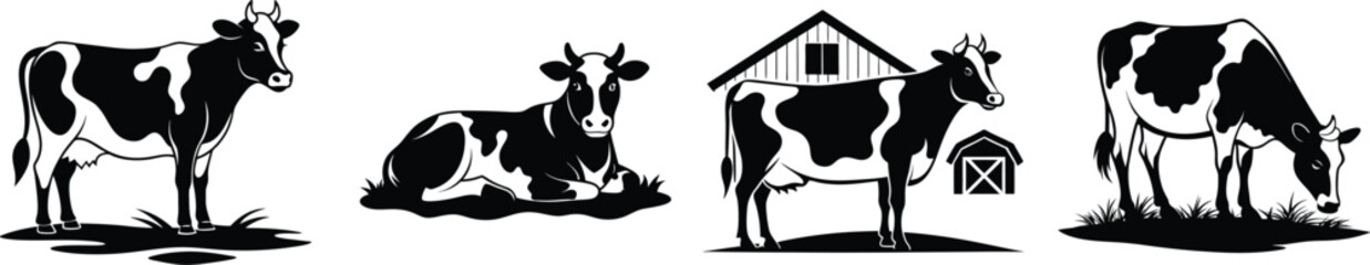 cow silhouette, Cow bull farm animals silhouettes set, large pack of vector silhouette design, isolated white background