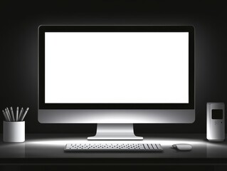 Fototapeta premium A minimalist workspace featuring a computer monitor, keyboard, mouse, and pen holder.