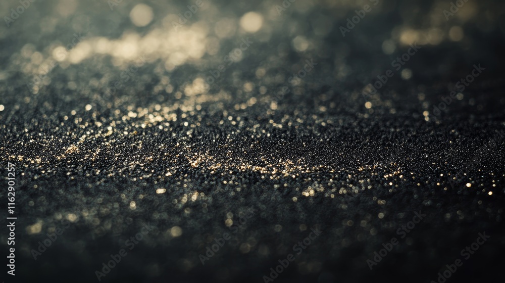 Poster a close-up view of shimmering particle on a dark surface, creating a mystical effect.