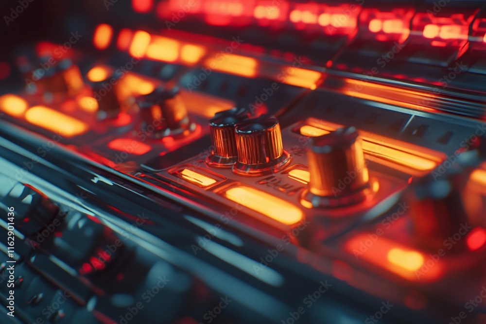 Poster close-up of retro-futuristic control panel with glowing orange and red lights and metallic knobs.