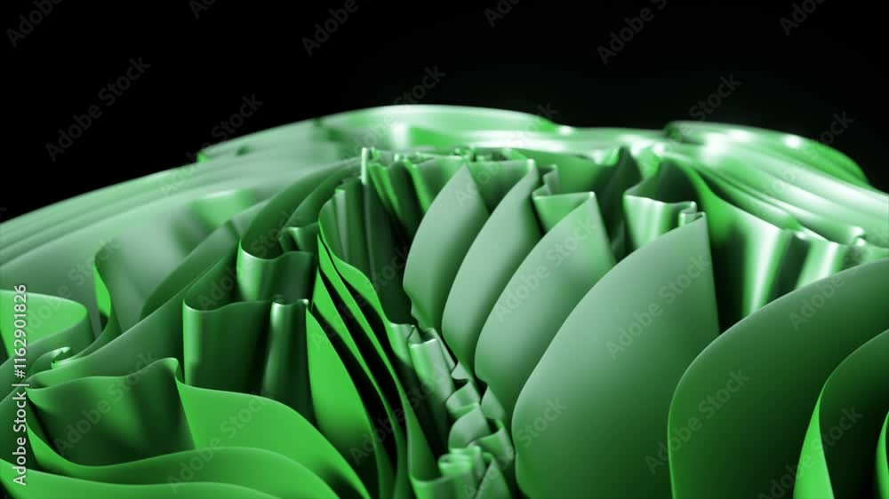 Poster creating an abstract green landscape with wavy shapes forms a stunning and surreal environment, show