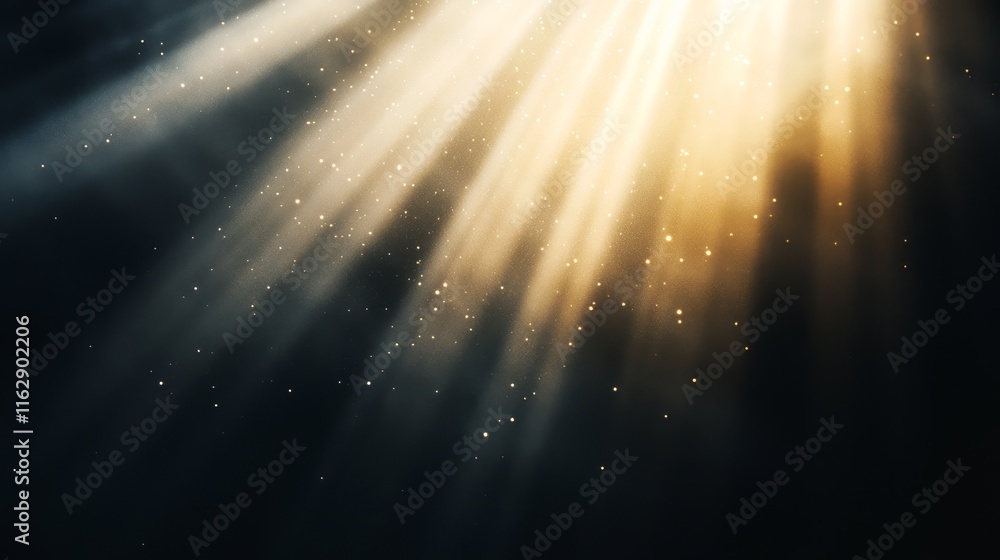 Poster soft beams of light filtering through darkness, creating a serene atmosphere with floating particle.