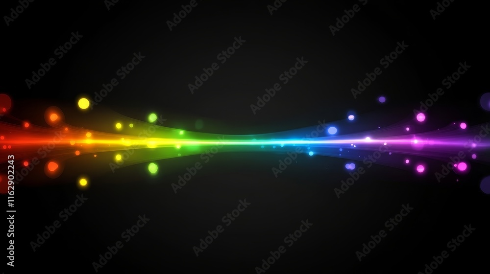 Poster a colorful wave of light with glowing orbs, creating a vibrant and dynamic visual effect.