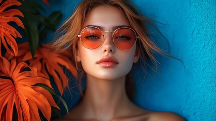 Fototapeta premium Stylish woman with orange sunglasses and lush leaves