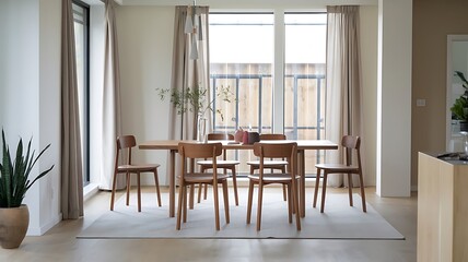 Modern dining room decoration with wooden table and chairs, white rug, large windows, and beige curtains