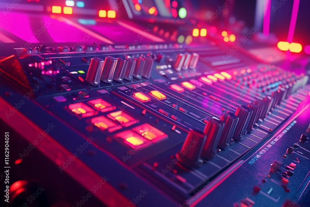 Poster close-up of a professional audio mixing console with illuminated buttons and knobs in a vibrant pink