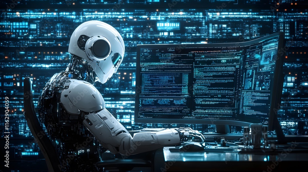 Poster a humanoid robot codes at a computer terminal
