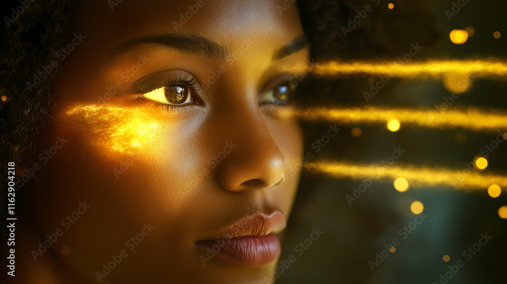 Poster close-up of a womans face illuminated by golden glowing light streaks and particles, creating a magi