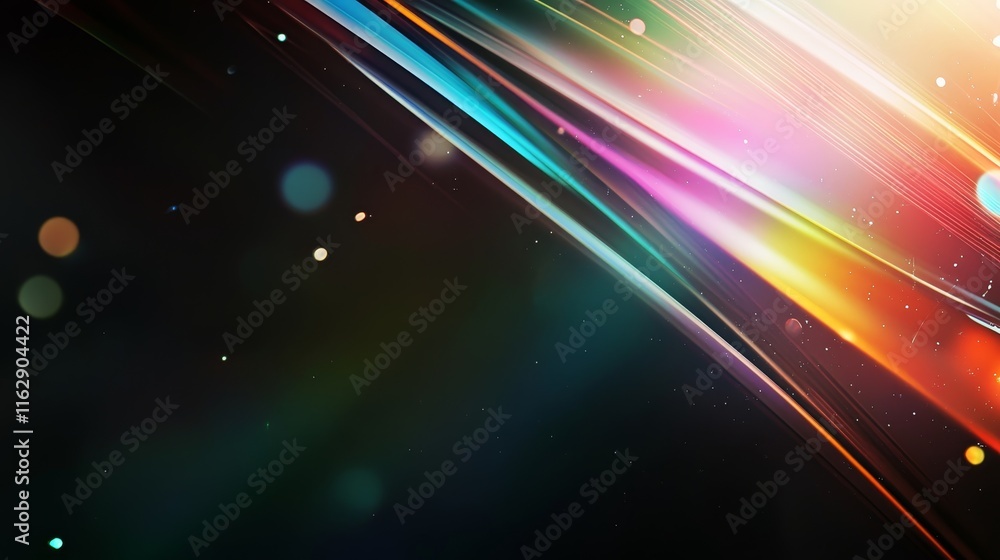Poster a vibrant abstract background with colorful light streaks and bokeh effects.