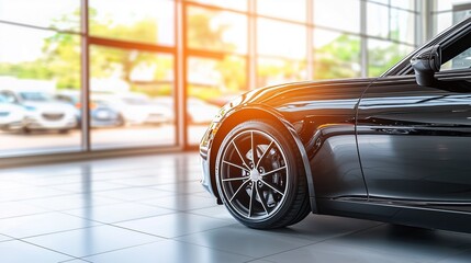 Sleek black car on showroom floor sunlit windows in background