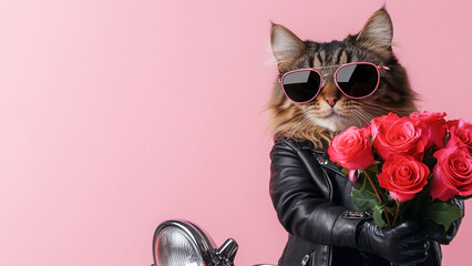 Valentine's Day,  Women's day Greeting Card: Stylish Cat in Leather Jacket with Roses on a Motorcycle
