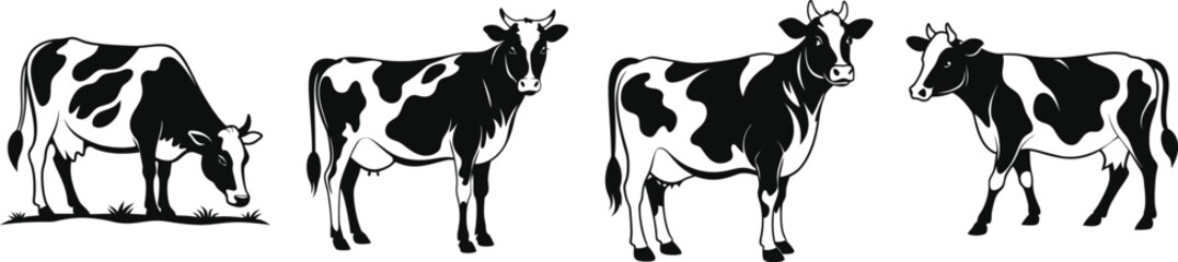 cow silhouette, Cow bull farm animals silhouettes set, large pack of vector silhouette design, isolated white background