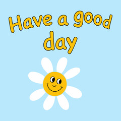 Smiling flower with a bright yellow face and white petals on a light blue background