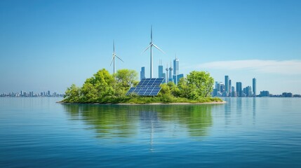 Green island with wind turbines and solar panels near a city skyline.