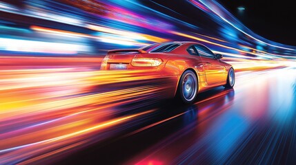 Fototapeta premium A vibrant, motion-blurred image of a car speeding through a colorful, illuminated environment.