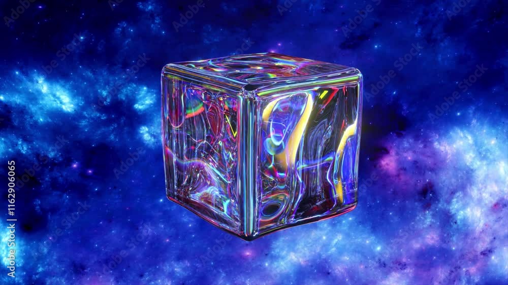 Wall mural glass cube with colorful reflections floating in colorful nebula space universe, a cosmic abstract b