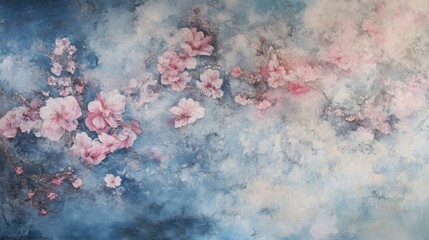 A serene painting featuring soft pink flowers against a dreamy blue background.
