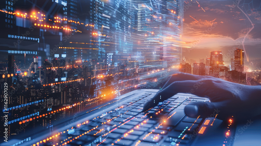 Poster software developer working on iot project at night with cityscape background, illuminated digital co