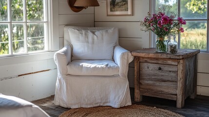 White linen armchair in a sunlit rustic room with wooden side table and flowers.