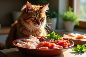 Abyssinian cat with raw meat tempting pet food concept for feline health and wellness