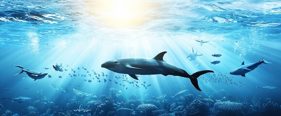 Obraz premium Underwater scene with dolphins, fish, and coral reef.