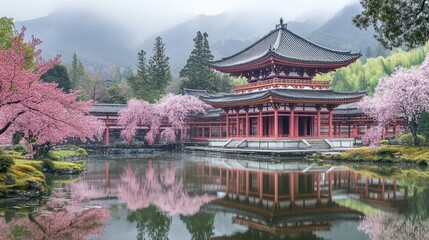 Fototapeta premium Serene temple surrounded by cherry blossoms and mountains, reflecting in a tranquil pond.