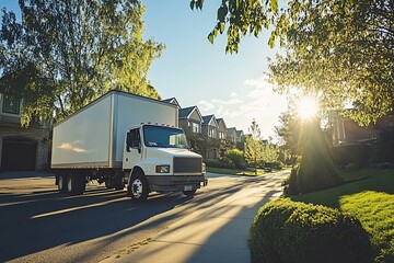Obraz premium White delivery truck driving on a residential street at sunset.